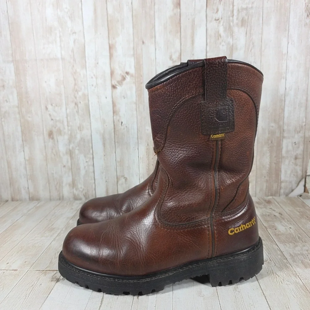 Carhartt Mens 9.5 E2 Brown Leather Wellington Work Boots Vibram EH 3709 - Picture 4 of 8